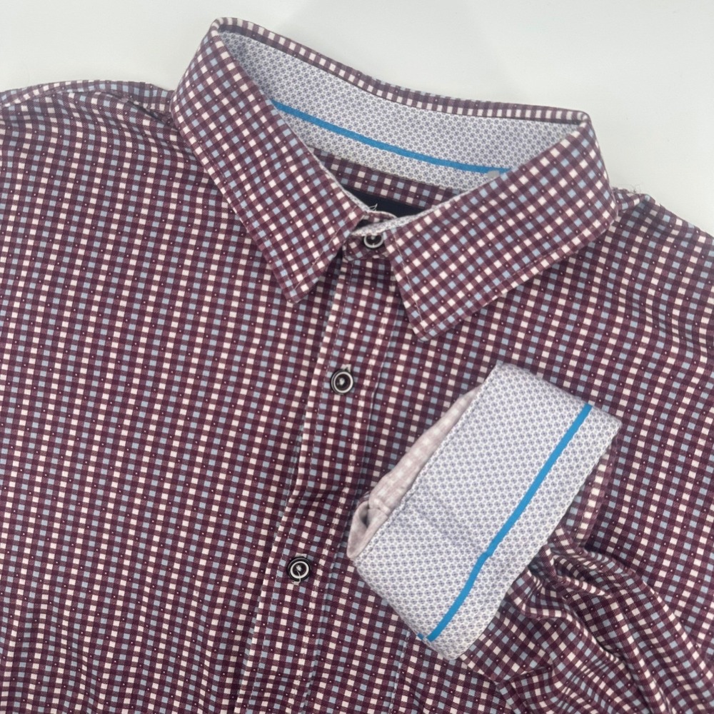 Buttercloth‎ Shirt Mens Large Tall Fit Burgundy Gingham Pocket Button Up Preppy
